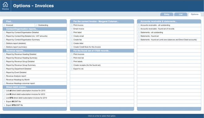 Invoice software options screen