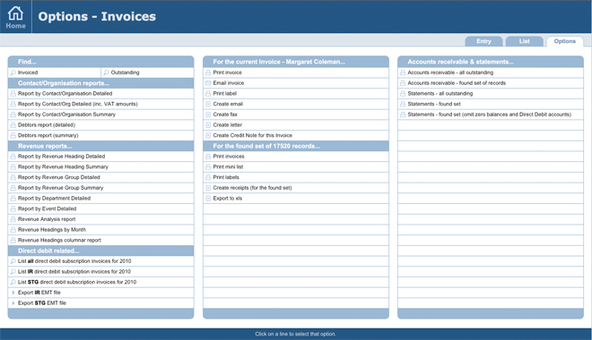 Invoice software options screen
